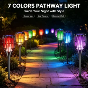 7 color auto-switching solar flame torch stake lights line garden stone pathway, vibrant flickering glow to decorate outdoor.