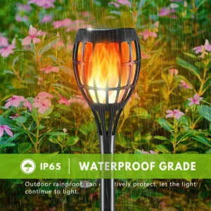 IP65 waterproof solar flame stake light with grid hollow shell, rainproof ABS housing, stable warm flame lighting.
