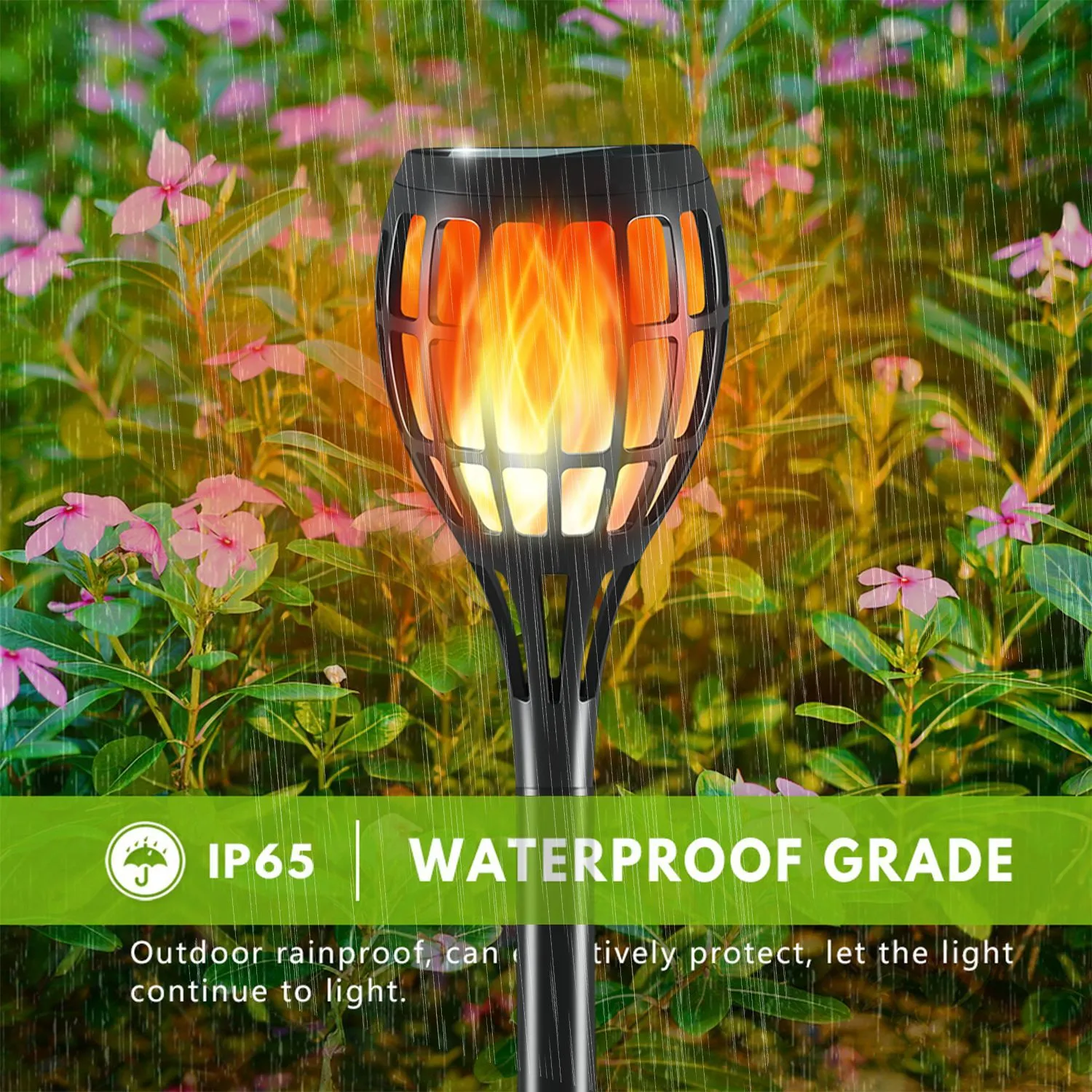IP65 waterproof solar flame stake light with grid hollow shell, rainproof ABS housing, stable warm flame lighting.