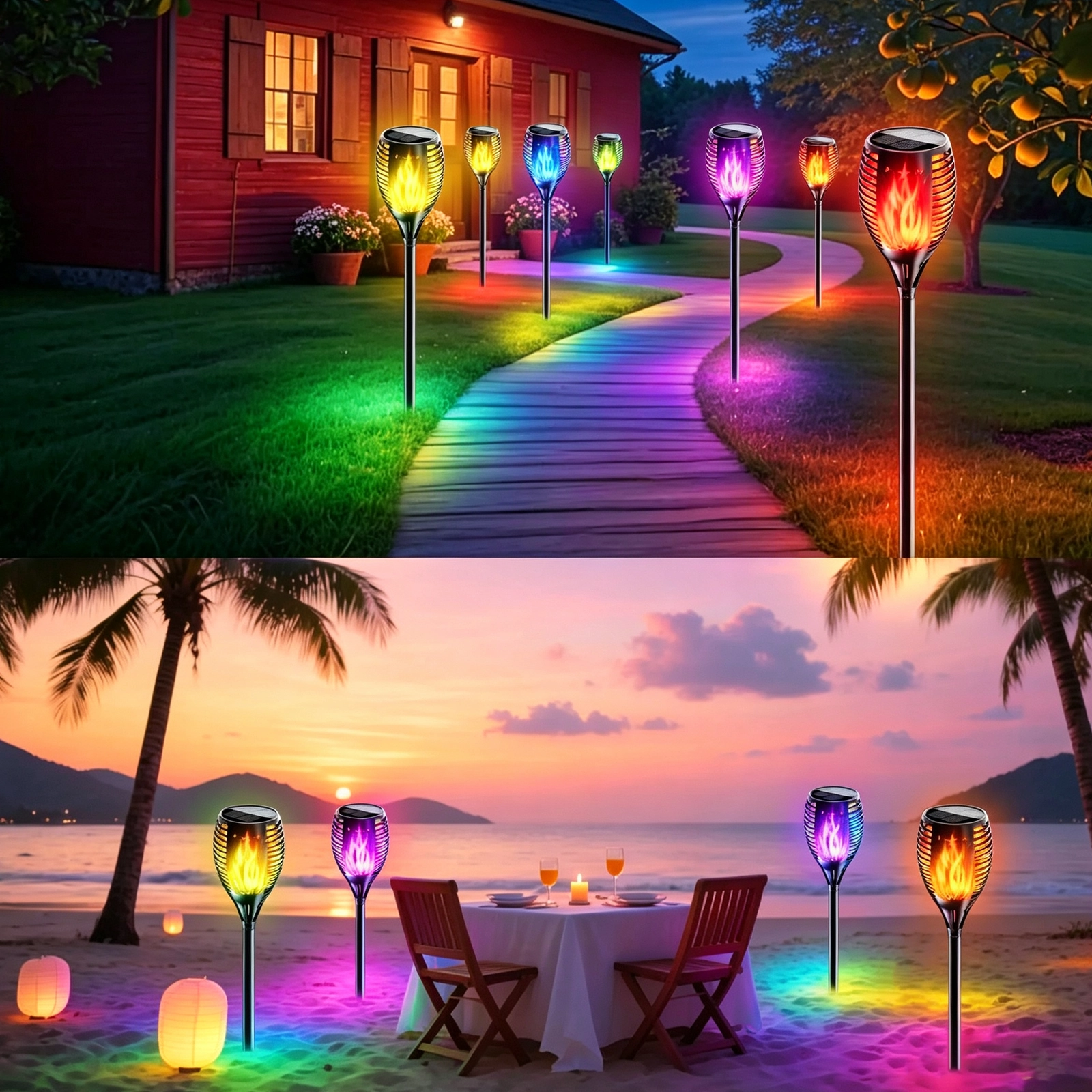 Multicolor star solar flame stake lights lining garden walkway and beach dining area, vibrant ground glow for outdoor decoration.