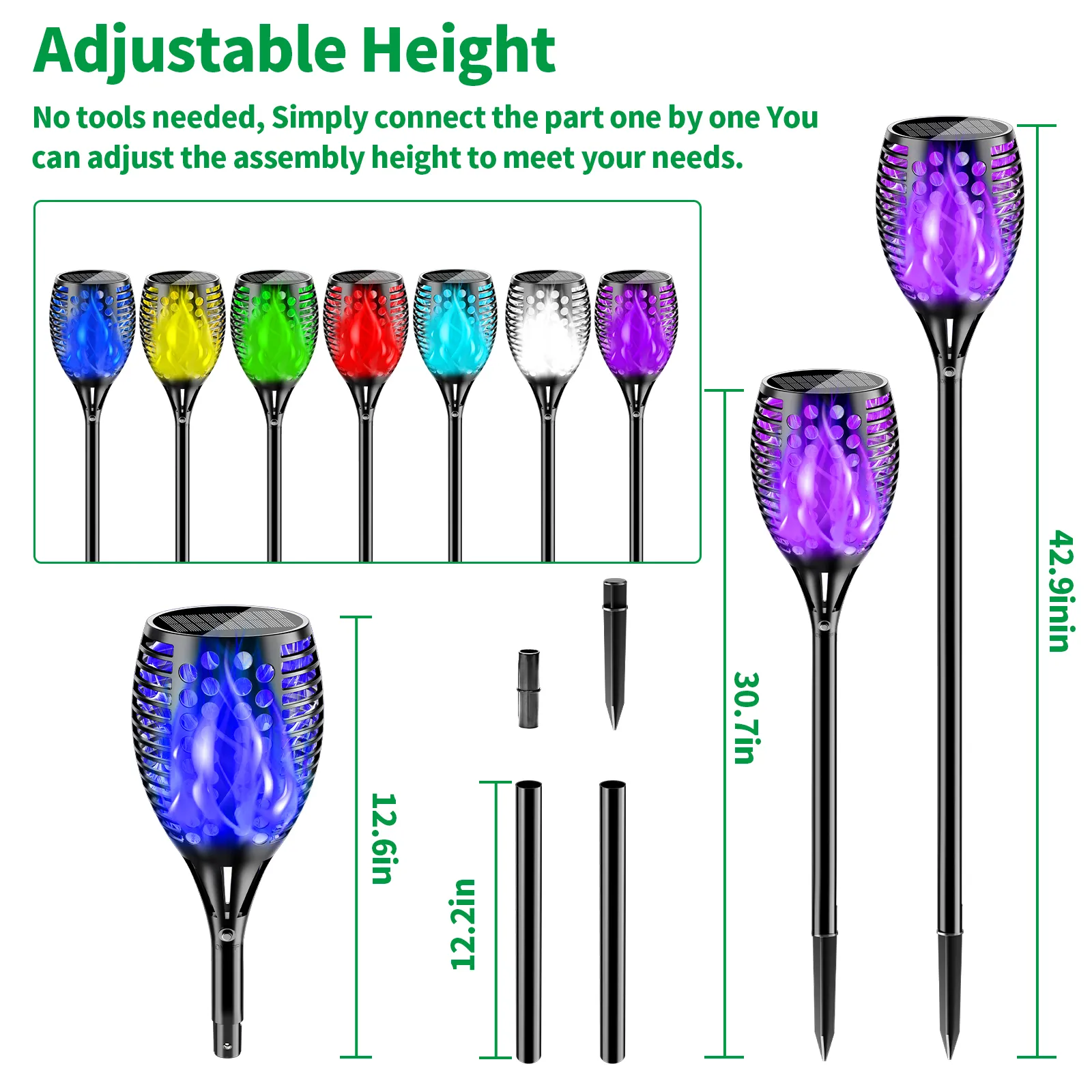 Multi-color solar flame stake light with detachable poles for adjustable height, easy assembly ABS plastic lamp for outdoor decor.