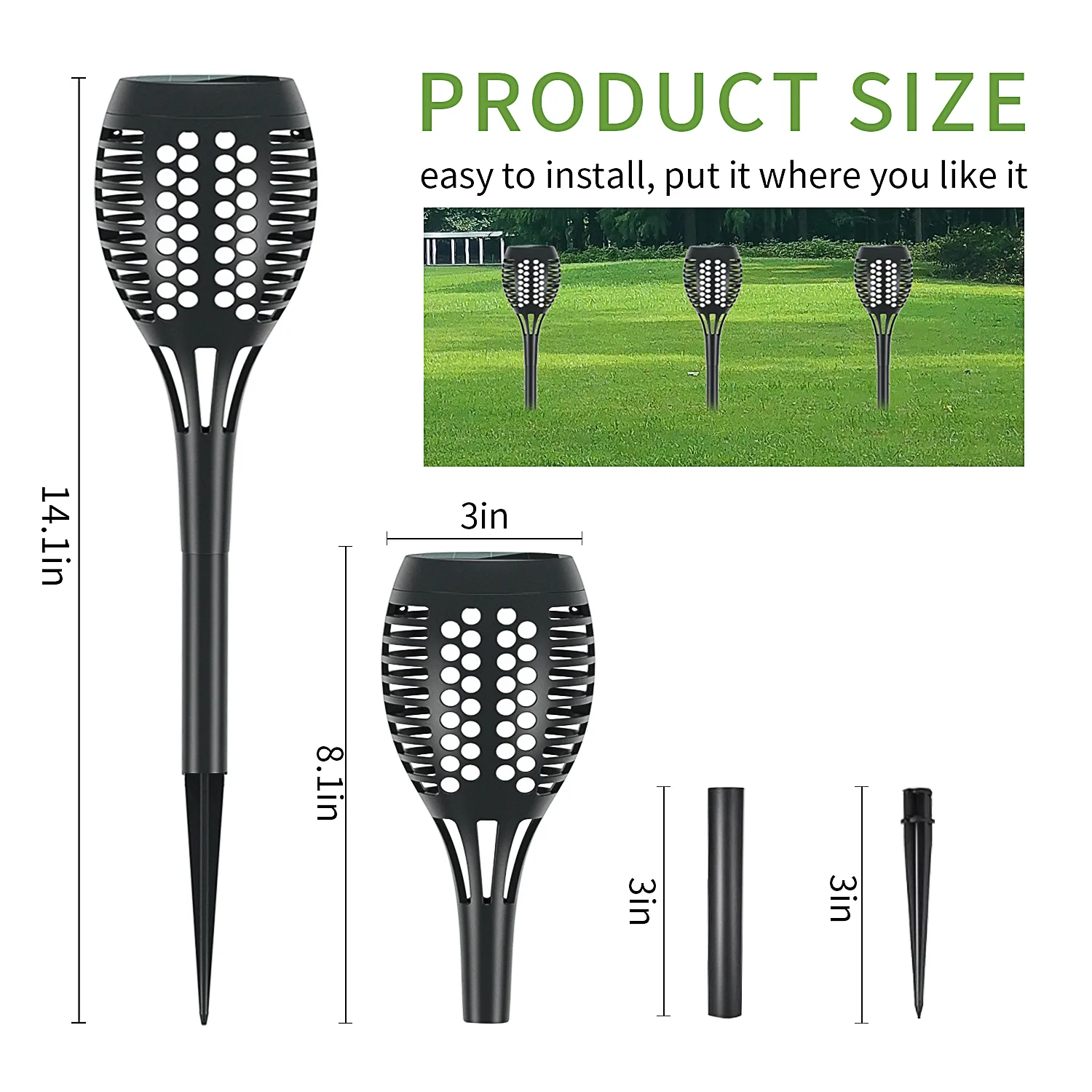 Complete size specification of solar flame stake light with detachable extension poles and ground spike, tool-free.