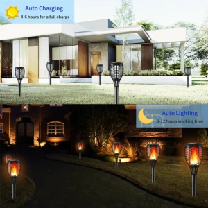 Hollow round hole solar flame stake light auto charges 4-6 hours by day, automatically lights up 8-12 hours at dusk for garden walkway landscaping.