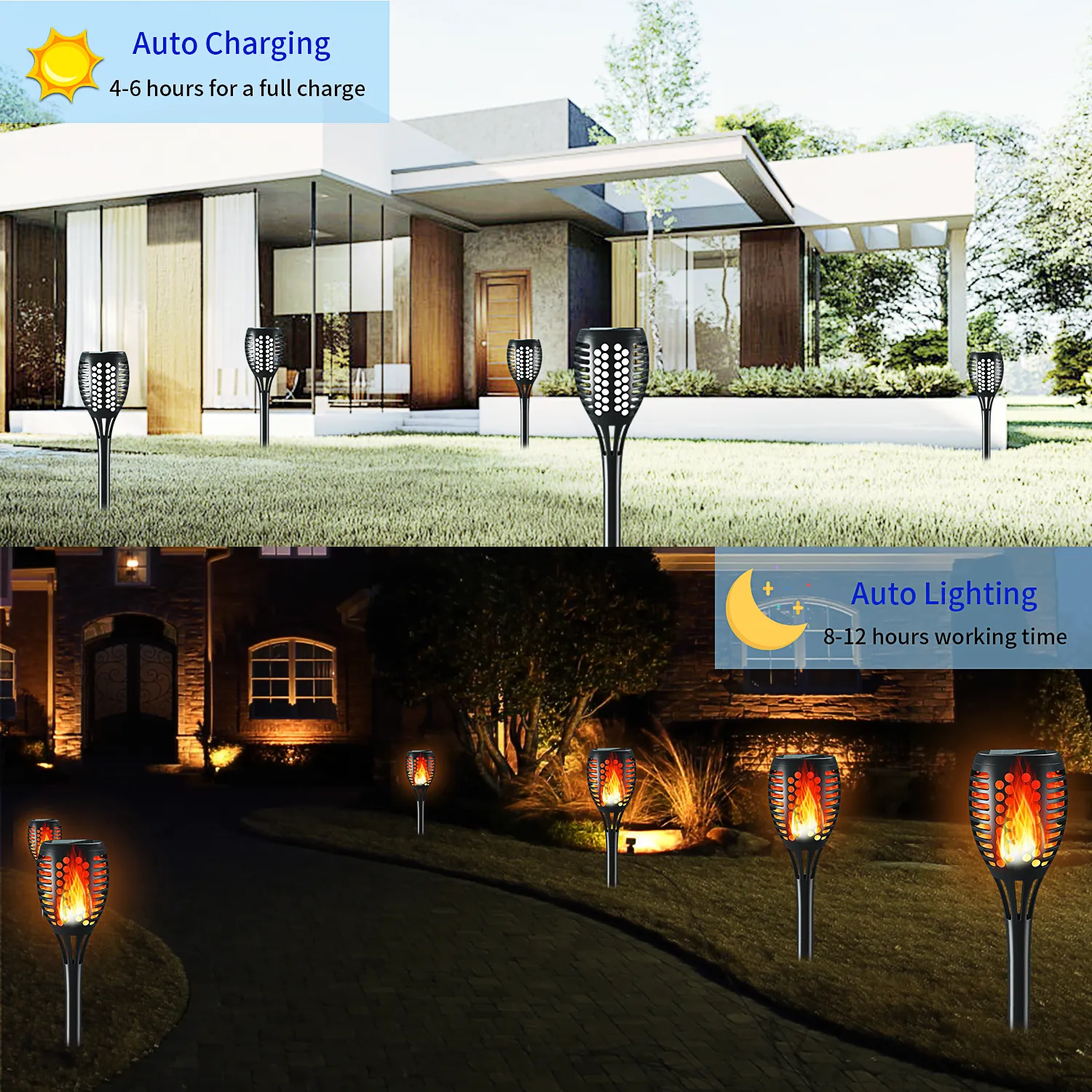 Hollow round hole solar flame stake light auto charges 4-6 hours by day, automatically lights up 8-12 hours at dusk for garden walkway landscaping.