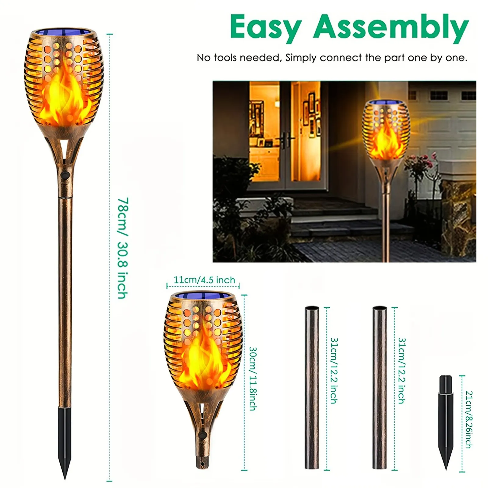 Solar flame torch light easy assembly diagram, antique bronze abs outdoor garden stake lamp, display product dimensions.