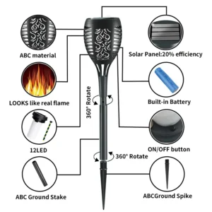 Structural breakdown of black ABS solar flame stake light, features 360° rotatable pole, 12 LEDs realistic flame, built-in rechargeable battery.