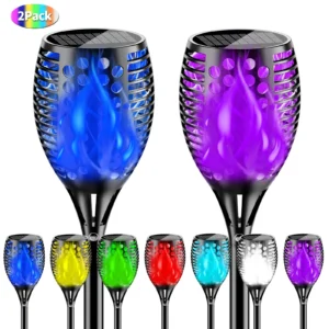 solar flame stake lights with 7 adjustable flickering colors, black ABS plastic ground lamp for outdoor lawn garden decorative night lighting.