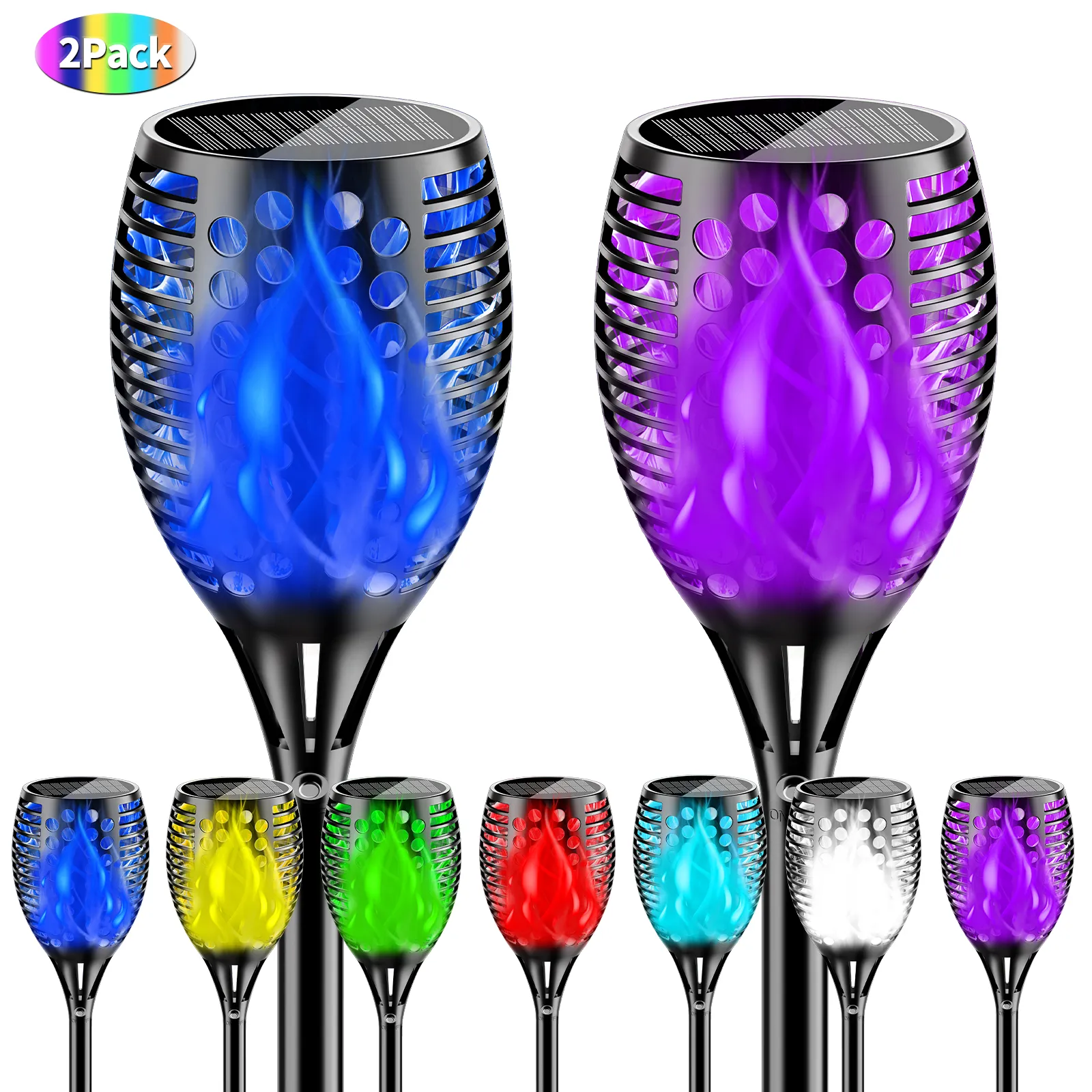 solar flame stake lights with 7 adjustable flickering colors, black ABS plastic ground lamp for outdoor lawn garden decorative night lighting.