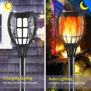 Grid hollow flame torch lamp charges 4-6 hours in daytime, automatically lights up 8-12 hours at night for backyard.