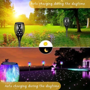 RGB star solar flame stake lights auto absorb solar energy by day, automatically light up at dusk.