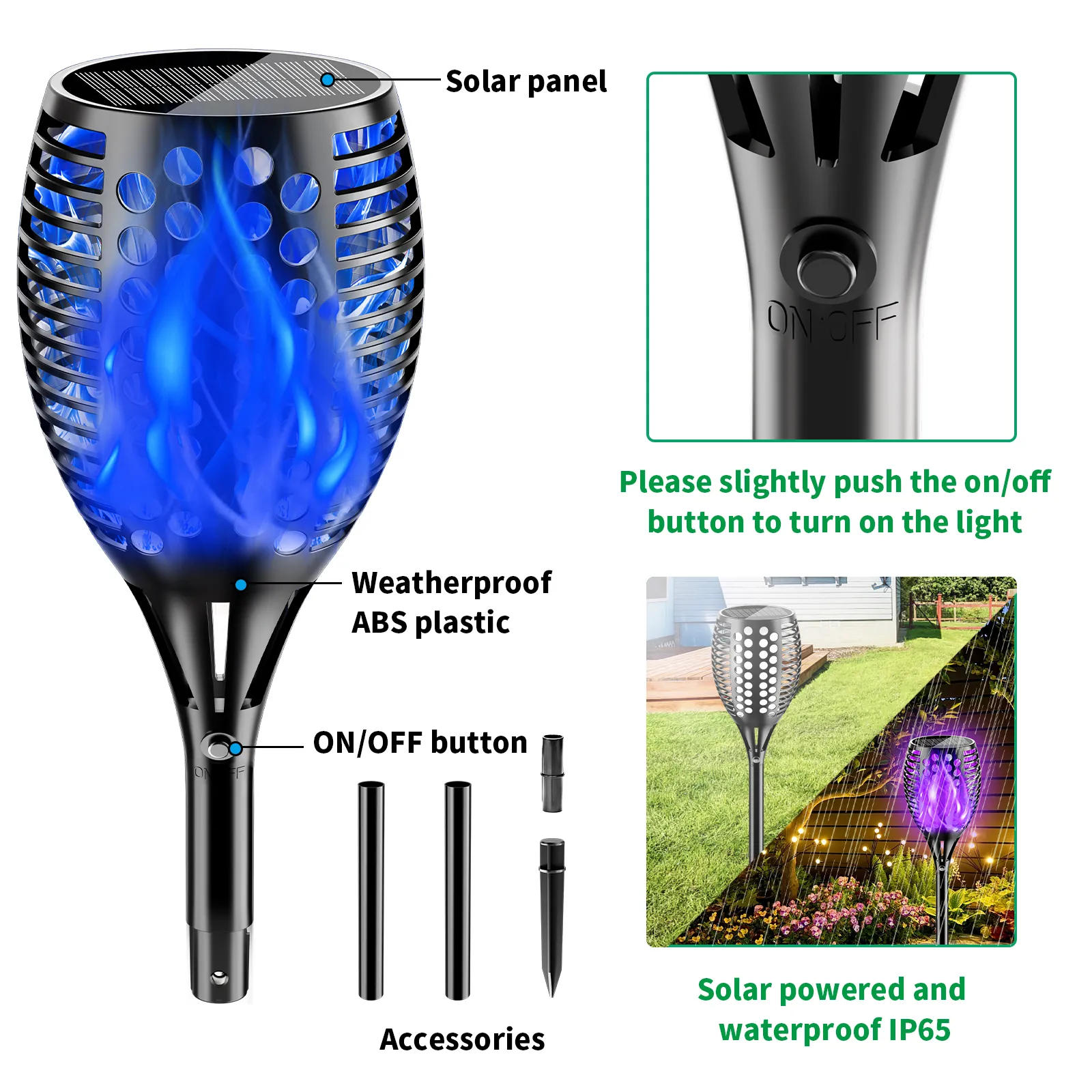 flame stake light with top solar panel, on-off button and extension accessories, durable ABS plastic for rainy yard pathway use.