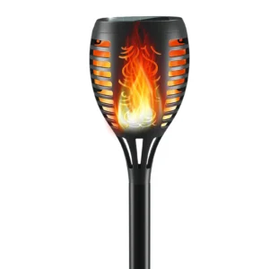 Black ABS solar flame stake light with vintage cloud hollow cutout, vivid warm flickering flame effect, solar ground lighting.