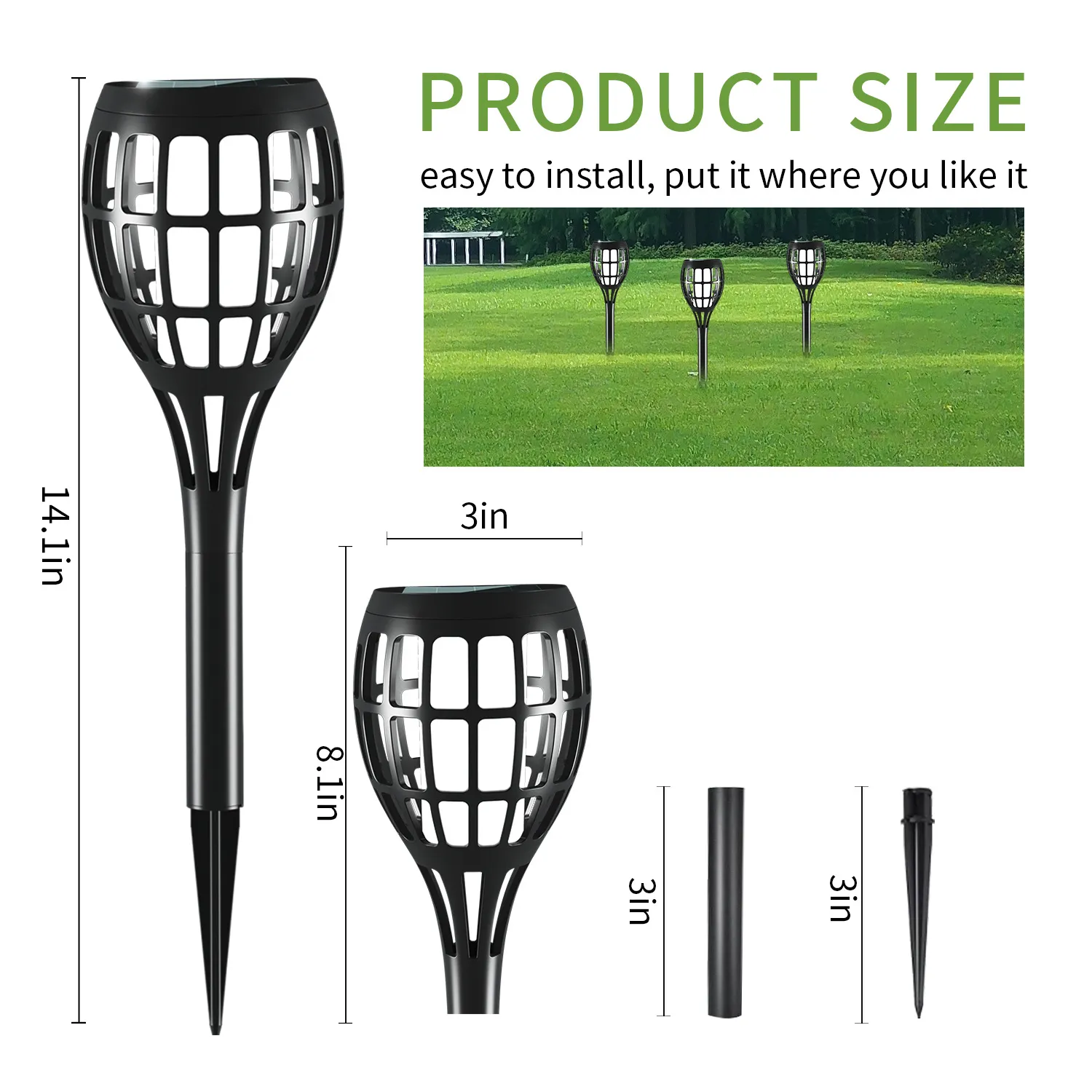Dimension diagram of grid solar flame stake light, equipped with detachable extension pole and ground spike.