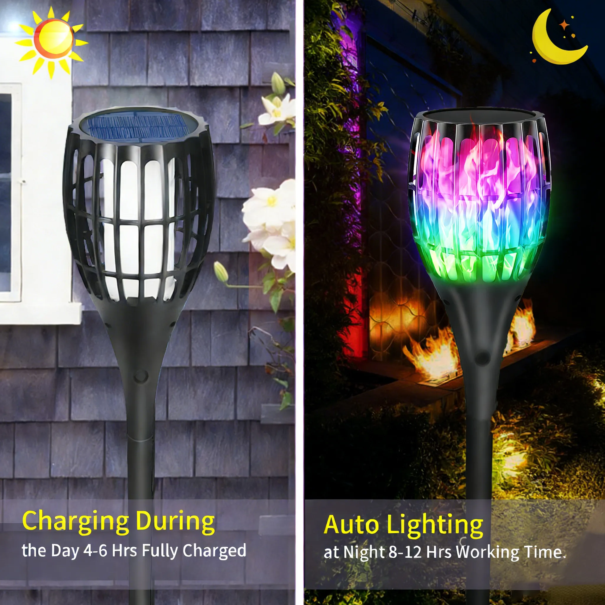 RGB solar flame torch light charges 4-6 hours under sunlight by day, auto turns on at dusk and maintains 8-12 hours.
