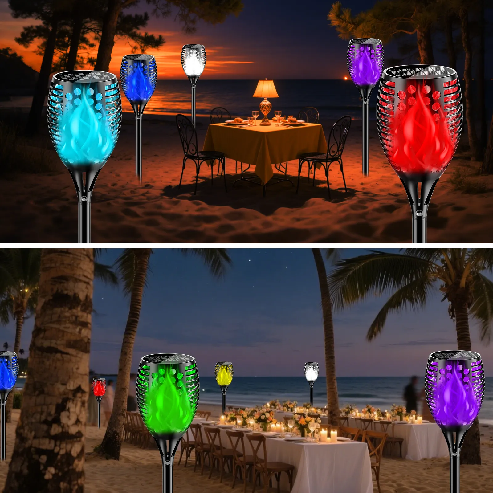 Color changing flickering solar flame stake lamp, ideal decorative lighting for outdoor dinner and seaside party.