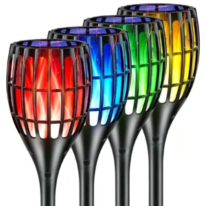4 pack black ABS solar flame torch stake lights with 7 color flickering flame, solar ground lamp for lawn.