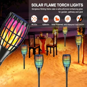 Black ABS solar flame torch light with 96 LED flickering flame effect, IP65 waterproof, ideal mood lighting for beach.