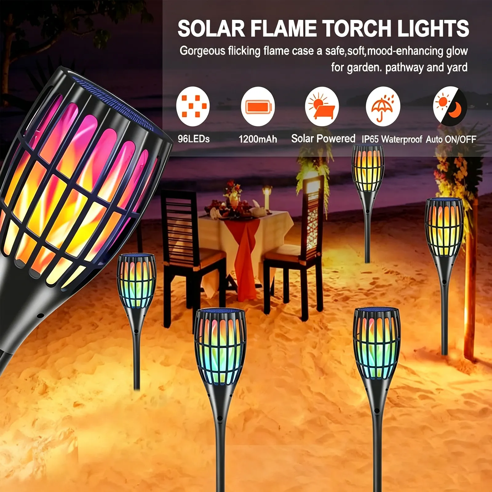 Black ABS solar flame torch light with 96 LED flickering flame effect, IP65 waterproof, ideal mood lighting for beach.
